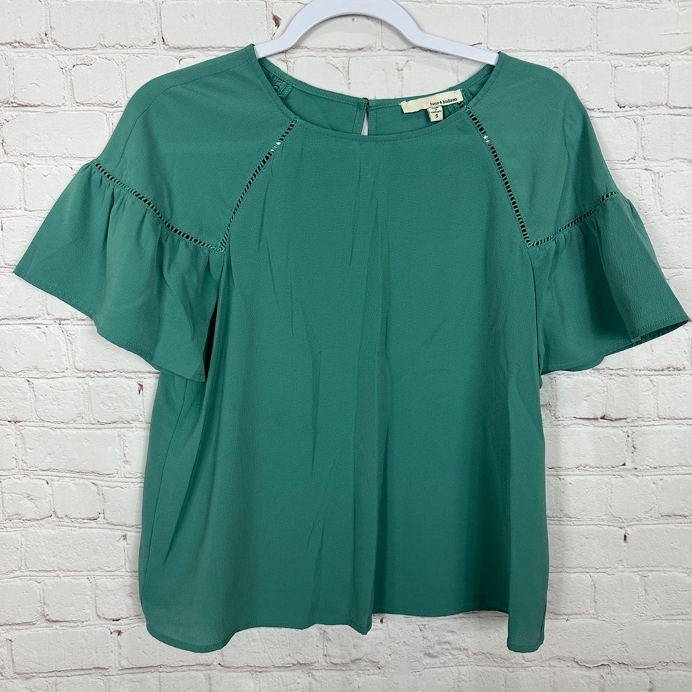June & Hudson Green Romantic flounce short sleeve top blouse shirts, sz S